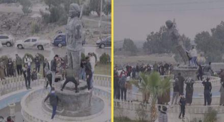 Suriye'de tarihi g&ouml;r&uuml;nt&uuml;ler: Ter&ouml;r &ouml;rg&uuml;t&uuml; YPG/SDG'nin heykelleri yıkıldı