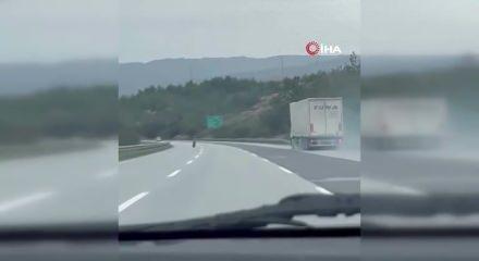 Tırdan fırlayan lastik otobanda y&uuml;zlerce metre ilerledi