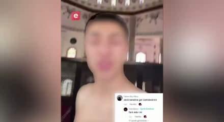 B&uuml;y&uuml;k saygısızlık: &Uuml;st&uuml; &ccedil;ıplak camiye girip k&uuml;f&uuml;rl&uuml; rap şarkısı dinledi