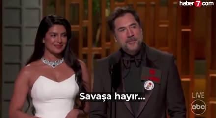 D&uuml;nyaca &uuml;nl&uuml; oyuncu Oscar t&ouml;renine damga vurdu! Sahnedeki Filistin s&ouml;zleri alkış tufanı kopardı...