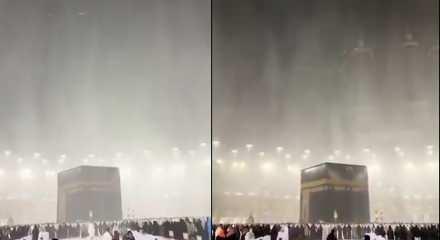 Ramazanın son g&uuml;n&uuml; Kabe'de yağmur altında dua ediliyor