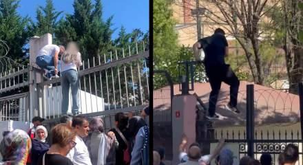 Sınava ge&ccedil; kalan &ouml;ğrenci, demir parmaklıklara tırmandı