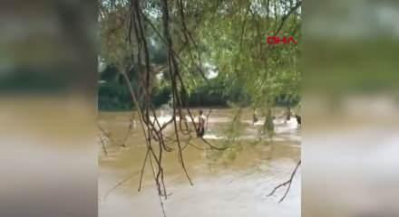 Aydın'da Eda ve Şahin'in nehirde akıntıya kapıldıkları anlar kamerada