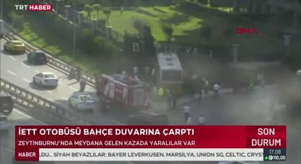 İETT otob&uuml;s&uuml; bah&ccedil;e duvarına &ccedil;arptı