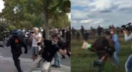 Fransa'daki eylemlerde polise &ccedil;elme takan fotoğraf&ccedil;ı o utan&ccedil; anını hatırlattı