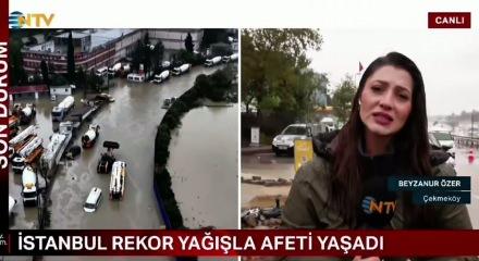 NTV muhabiri Beyzanur &Ouml;zer'e canlı yayında İETT otob&uuml;s&uuml; &ccedil;arptı