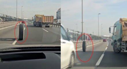 İstanbul E-5'te faciadan d&ouml;n&uuml;ld&uuml;: Seyir halindeki kamyonun iki tekerleği yerinden &ccedil;ıktı!