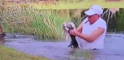 Yavru k&ouml;peği timsaha yem olmaktan kurtaran adam! 