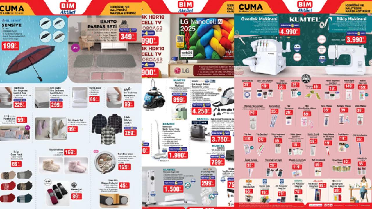 BİM 26 Aralık 2025 Cuma aktüel kataloğu: Overlok Makinesi, 4K TV, Dikey Süpürge, Şemsiye