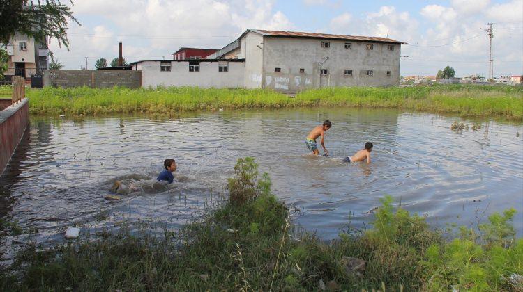 Adana'da çocuklar yağmur suyu birikintisinde yüzdü