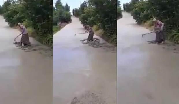 Yola dökülen betonu tahrip eden yaşlı kadına soruşturma