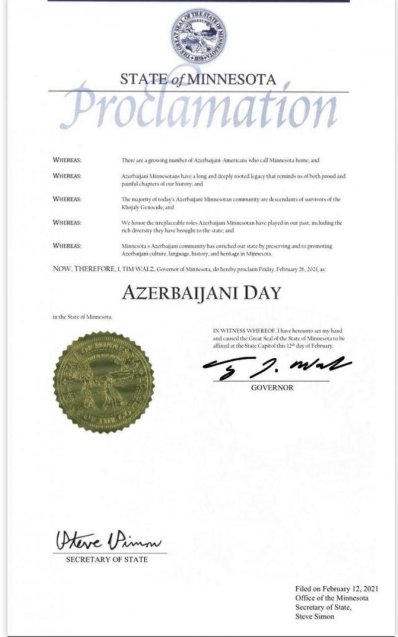 ABD'nin Minnesota eyaletinde 26 Şubat 'Azerbaycan Günü' ilan edildi