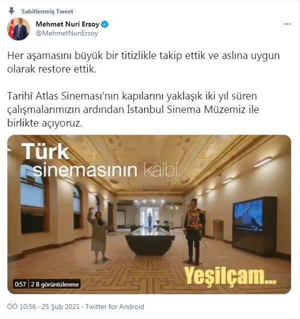 Kültür ve Turizm Bakanı Mehmet Nuri Ersoy, restorasyonu tamamlanan tarihi Atlas Sinemasının, İstanbul Sinema Müzesi ile birlikte açılacağını bildirdi. Ersoy, sosyal paylaşım hesabından yaptığı açıklamada, tarihi sinemanın restorasyonunun her aşamasını büyük bir titizlikle takip ettiklerini belirtti.