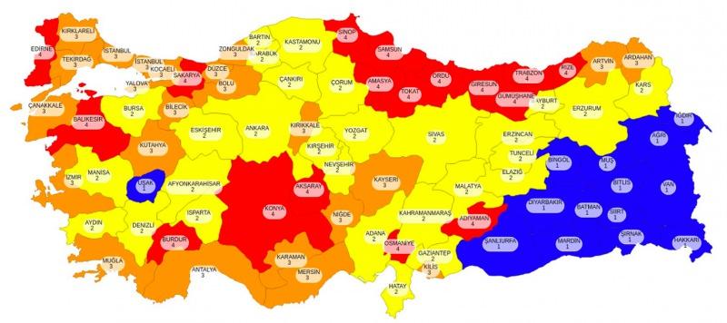 Sağlık Bakanlığı tarafından hazırlanan Türkiye'nin risk haritası. 
