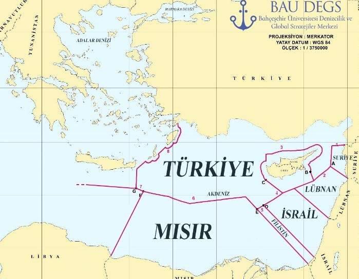 Mavi Vatan kavramına göre çizilen Doğu Akdeniz kıyıdaş devletler ile sınırlar