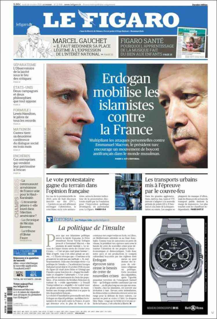 Le Figaro gazetesinin “Erdoğan, Fransa’ya karşı İslamcıları harekete geçiriyor” başlıklı haberi