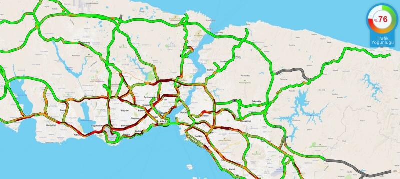 Saat 19.32 itibariyle İstanbul'da trafik yoğunluğu yüzde 76'ya ulaştı. 