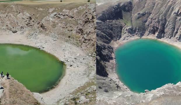 Sivas'ta endişelendiren görüntü! Kuraklık gölün rengini değiştirdi