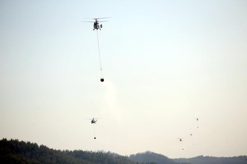 Yangınla mücadelede aynı anda 5 helikopterin müdahale ettiği ana ait fotoğraf, sosyal medyadan paylaşılıyor. 