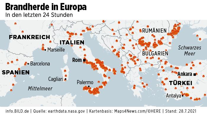 Akdeniz ve Avrupa bölgelerinde etkisini gösteren yangınların tamamı bu haritada görülüyor.