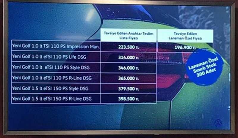 Volkswagen Golf 8 fiyat listesi