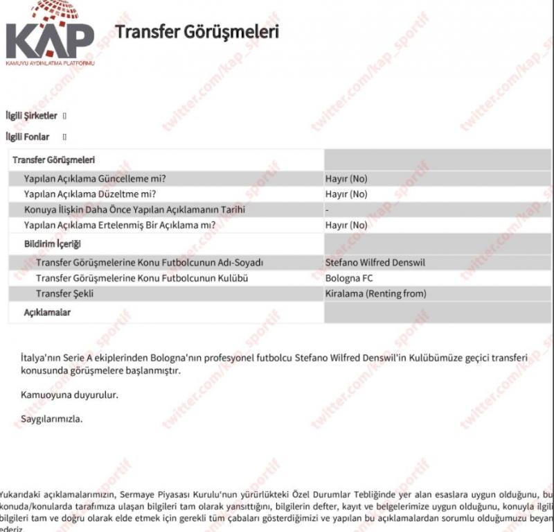 Trabzonspor, Stefano Denswil'i KAP'a bildirdi