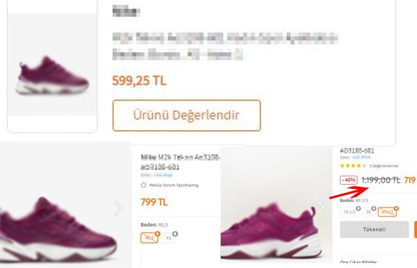 Mart ayında 599 TL'ye alınan bir ayakkabı bazı satılılarda fiyatı 1200 TL'ye çıkmış durumda ve sözde indirimle 800 TL' satılıyor