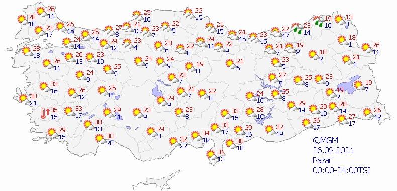 Pazar gününün en yüksek sıcaklığı beklenen ili ise 34 derece ile Adana oldu.
