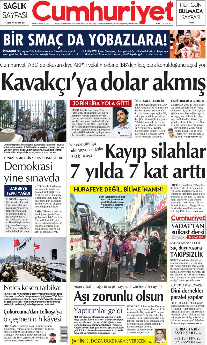Cumhuriyet Gazetesi'nin 27 Temmuz 2021'de attığı manşet. 