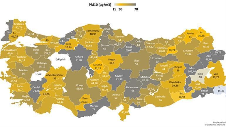 2020 Türkiye il il hava kirliliği haritası