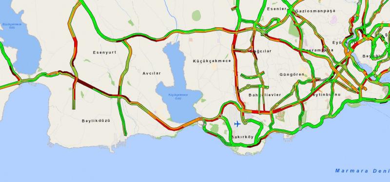 Kazanın ardından Beylikdüzü'nde yaşanan trafik yoğunluğu, İBB'nin haritasına da yansıdı. 