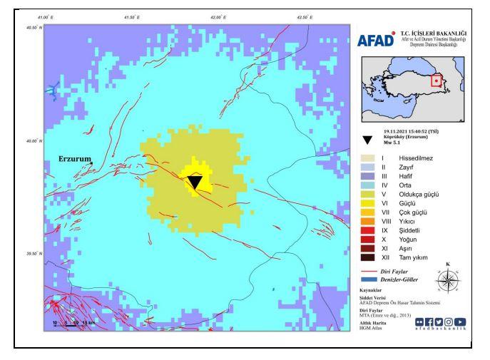 Erzurum'daki 5.1 büyüklüğündeki depremin şiddeti. - Kaynak: AFAD