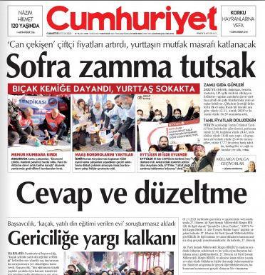Tekzip, Cumhuriyet Gazetesi'nin birinci sayfasından yayımlandı.