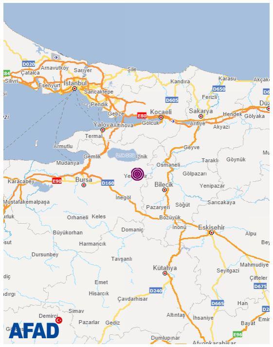 Bursa'da 3.7 büyüklüğünde deprem meydana geldi.