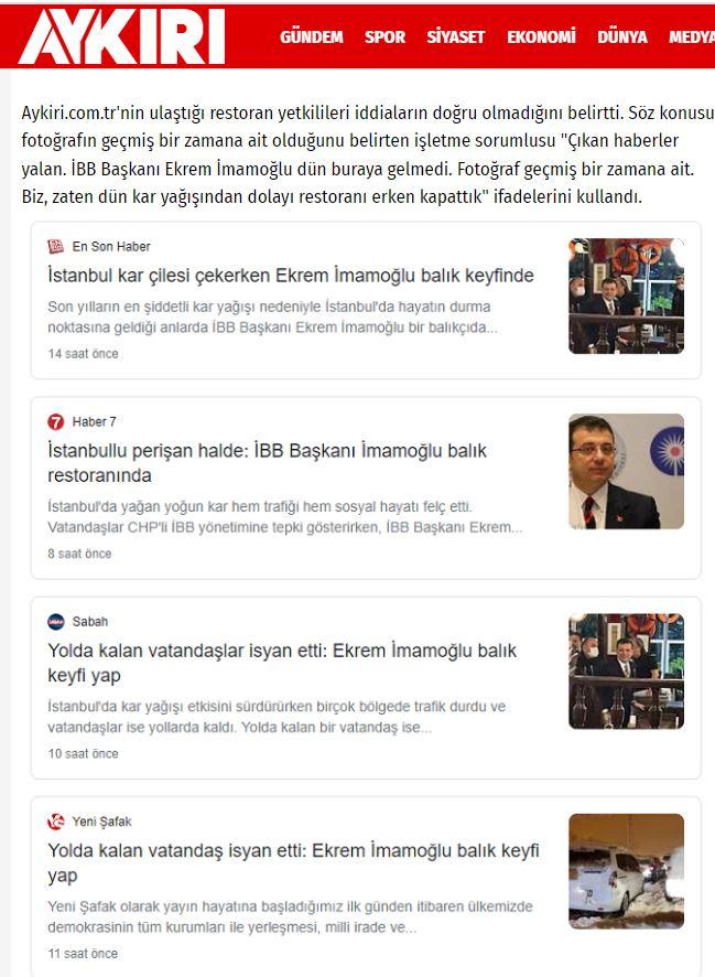 Aykırı'nın haberinde, İmamoğlu'nun balık lokantasına gitmesini haberleştiren siteler hedef alındı. 