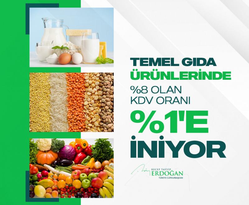 Erdoğan: Pazartesi itibarıyla temel gıda ürünlerinde KDV’yi %8’den %1’e indiriyoruz