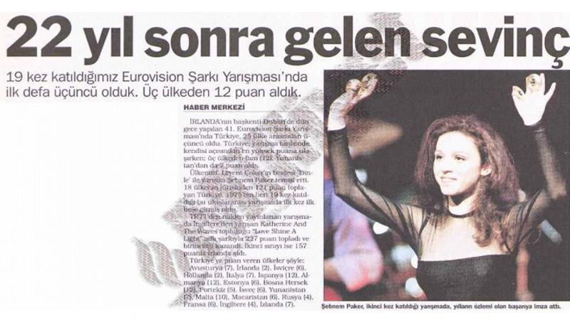 Eurovision şarkı yarışmasında ilk defa Türkiye'nin 3'ünclük Şebnem Paker'in gazetede yer alan haberi