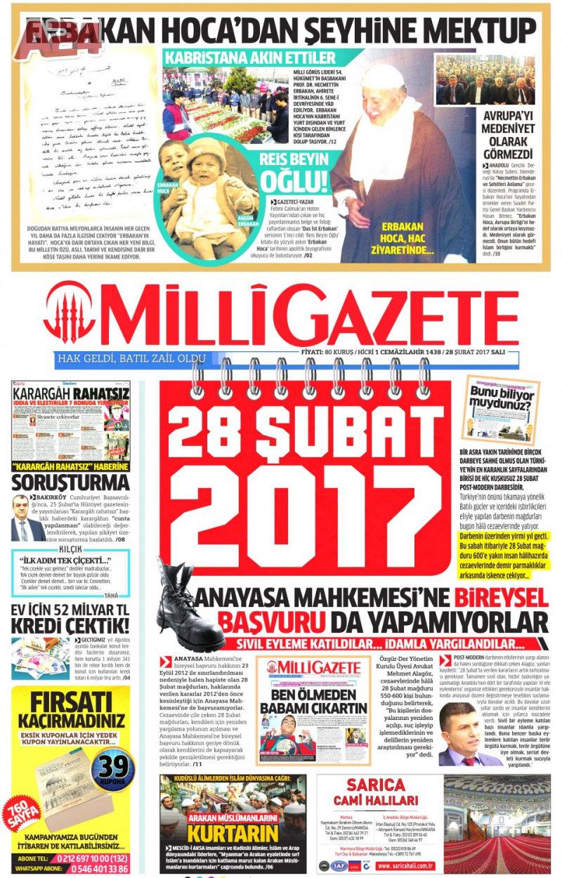Milli Gazete'nin 2017 yılına ait 28 Şubat gazetesi