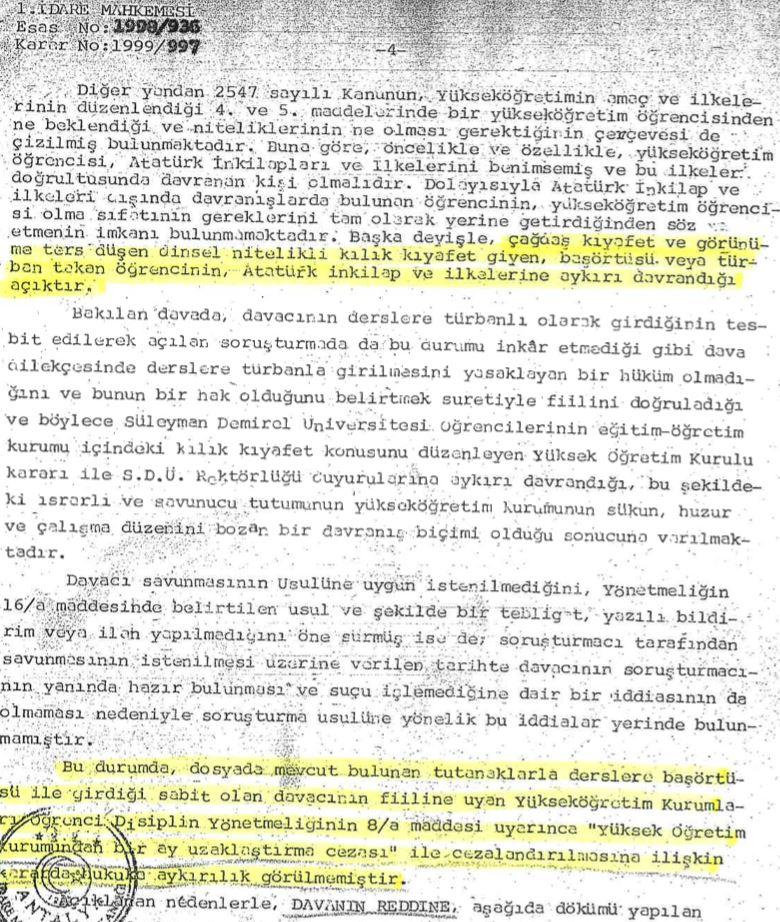 1998 tarihli kararda, başörtüsünün Atatürk inkilap ve ilkelerine aykırı olduğu iddia ediliyor