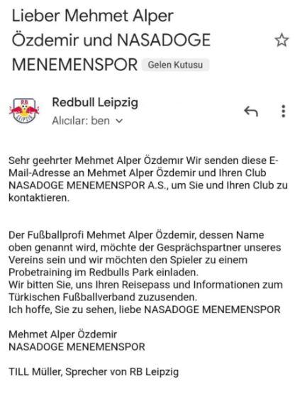 Leipzig'in Mehmet Alper Özdemir'e gönderdiği mail