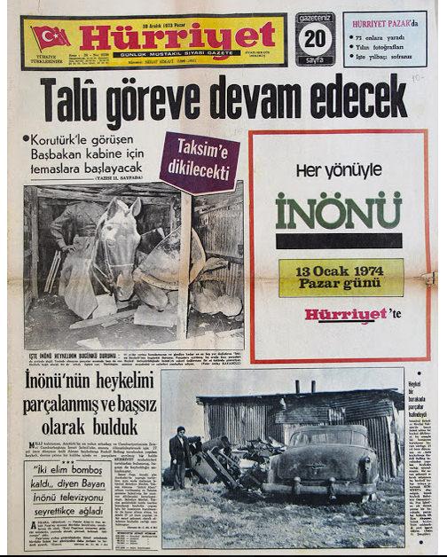 1974 Hürriyet gazetesi: İnönü'nün heykelini parçalanmış ve başsız olarak bulduk