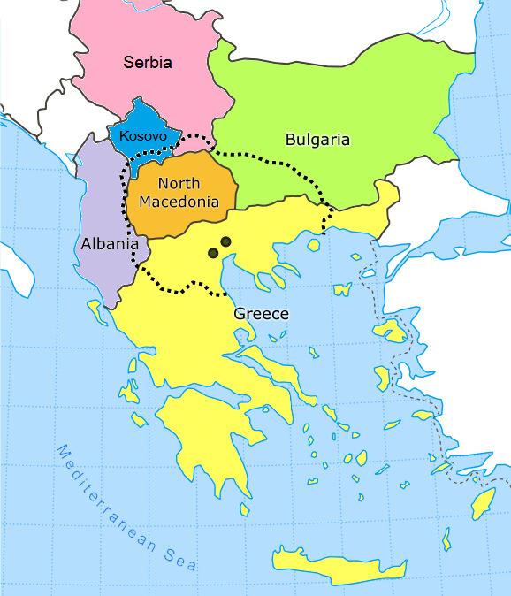 Siyah şerit çizgi eski Makedonya Krallığı. Şeridin içinde kalan sarı alan ise; bugün Yunanistan toprağı ve antik Yunan'dan bu yana 