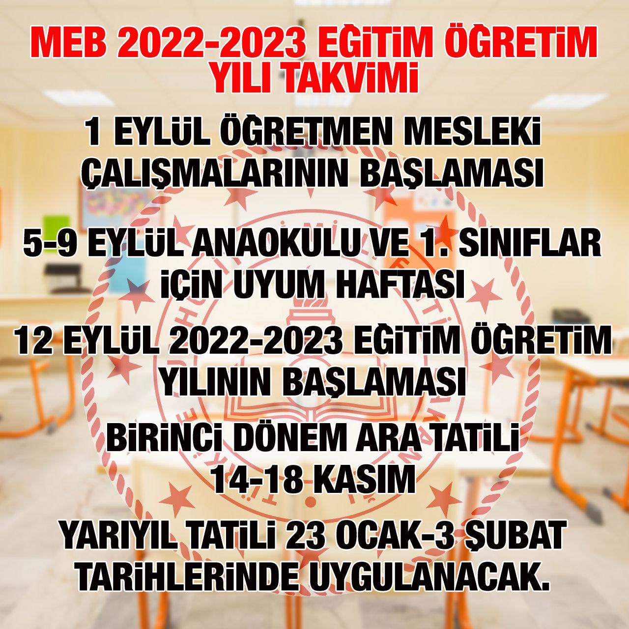 MEB 2022-2023 eğitim öğretim yılı takvimi