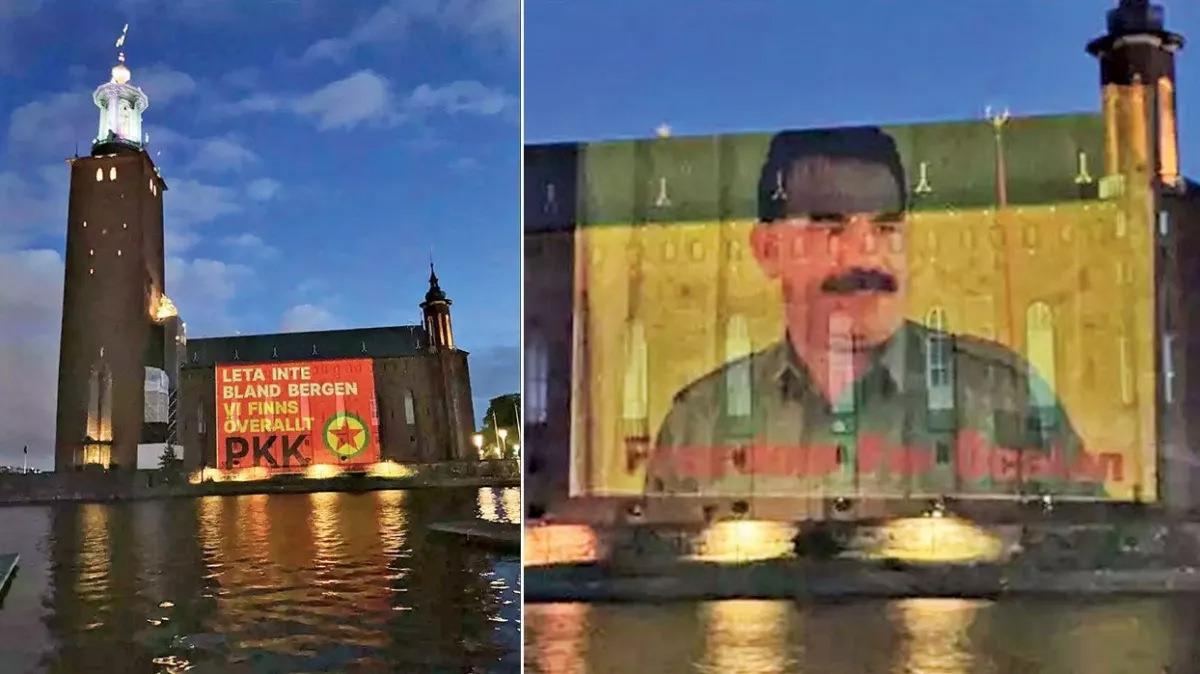 PKK ve elebaşısı Öcalan'ın resimleri Stockholm'daki yönetim binasına yansıtılmıştı.