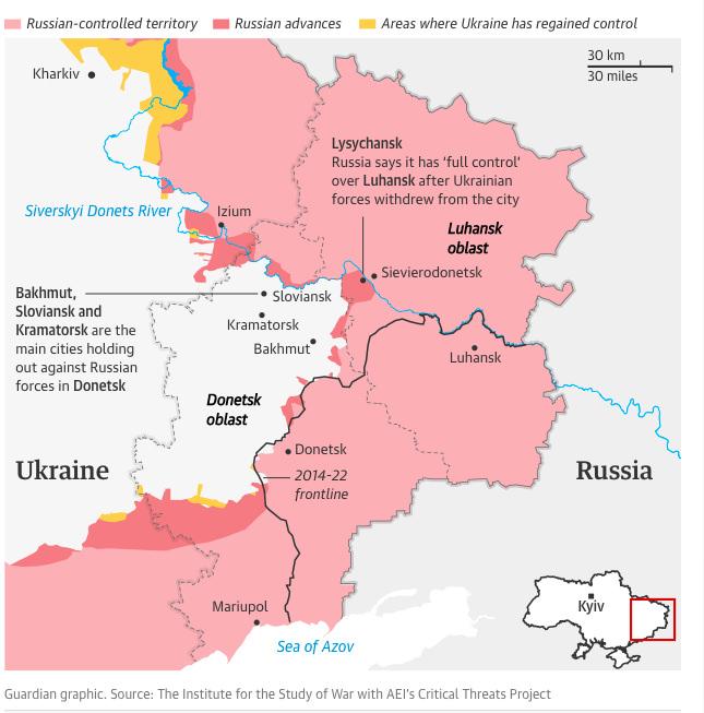Guardian'ın ISW'den aktardığına göre, Ukrayna'nın doğusundaki son durum.