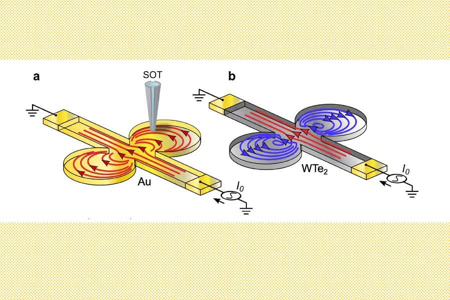 Soldaki standart bir metalde (altın) elektronların nasıl hareket ettiğini gösteriyor. Sağda ise kuantum malzemede (tungsten ditellürid) su gibi nasıl hareket ettiğini ve elektron girdaplarının nasıl oluştuğunu gösteriyor.