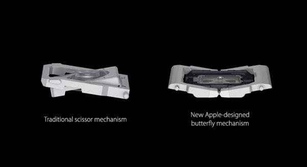 Sağ tarafta Apple'nin kelebek klavye tasarımı yer alıyor