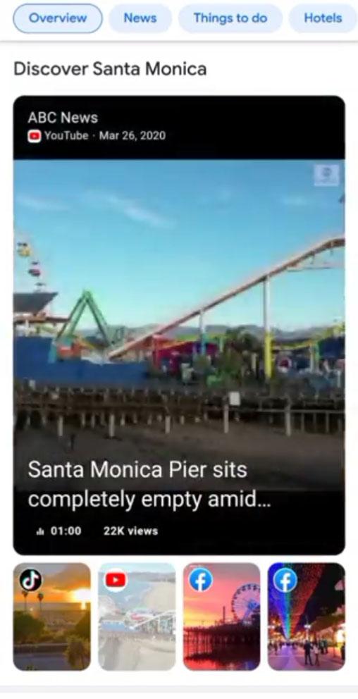 Santa Monica aramasını yapan biri o ilçe hakkındaki TikTok, Yotube ve Facebook'ta yer alan kısa videoları bir arada görüntüleyebiliyor