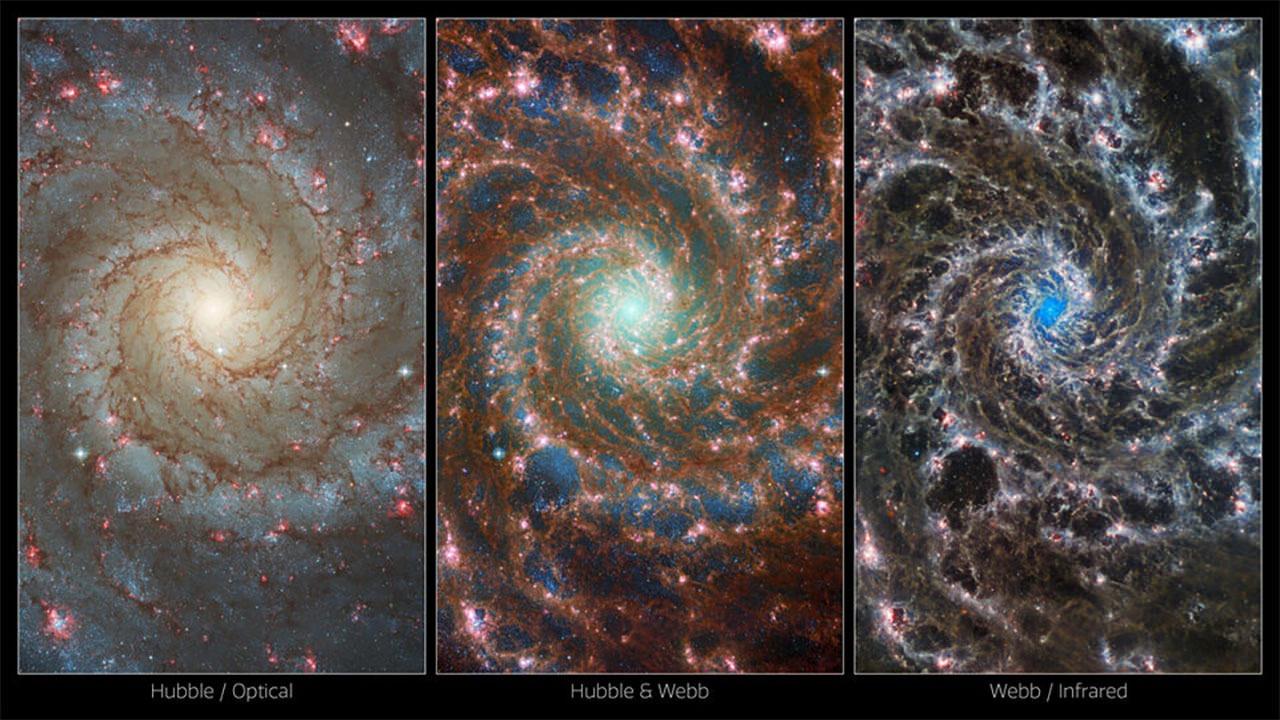 Sol: Hubble'ın gözünden, Orta: Hubble ve Webb görüntülerinin birleşimi, Sağ: Webb'in kızılötesi lensinden galaksi