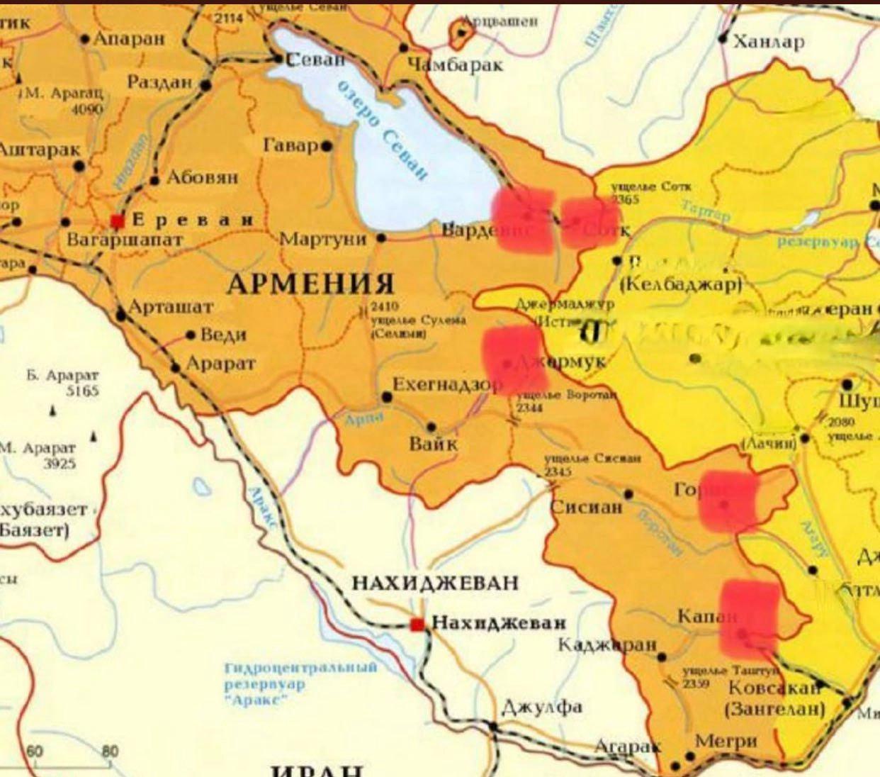 Ermenistan Savunma Bakanlığı, çatışmaların yaşandığı bölgelerin haritasını yayınladı.